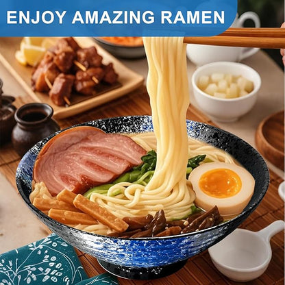 9.4Inch Ceramic Ramen Bowl Set of 4 (17 Piece) - Porcelain Japanese Salad Noodles Cereal Fruit Pasta Soup Large Bowls with Recipes Chopsticks Forks Spoons for Men Women Gift Microwave Dishwasher Safe
