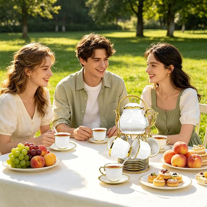 20 Pcs Porcelain Tea Set with Metal Holder, Adult Tea Set Gift, Large European - Image 6