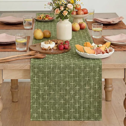Artoid Mode Olive Green Cross-Star Textured Table Runner, Seasonal Waterproof - Image 2