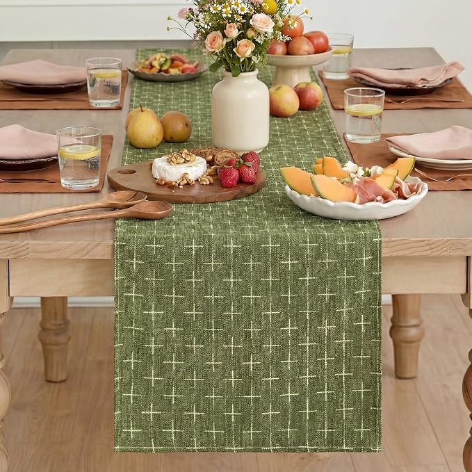 Artoid Mode Olive Green Cross-Star Textured Table Runner, Seasonal Waterproof - Image 2