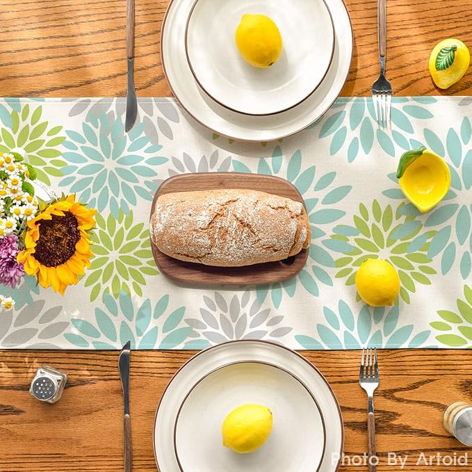 Artoid Mode Green Dahlia Floral Pinnata Summer Table Runner, Spring Kitchen - Image 3