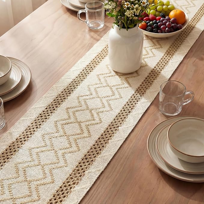 Artoid Mode Burlap Brown Stripe Diamond Woven Table Runner 12x108 Inch | - Image 3