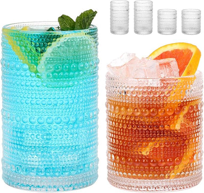Moretoes 4 Pack Hobnail Drinking Glasses Set, Glass Cups | 12 Oz Highball by Moretoes