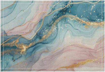 Marble Linen Place Mats Set of 2, 12x17 Inch Modern Luxury Foil Texture Pink Blue Gold Marble Washable Fabric Non-Slip Placemats for Home Dining Table Banquets Party Kitchen Decoration