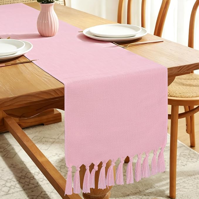 Pink Table Runner 72 Inches Long, Boho Woven Linen Farmhouse Dresser Table - Image 8