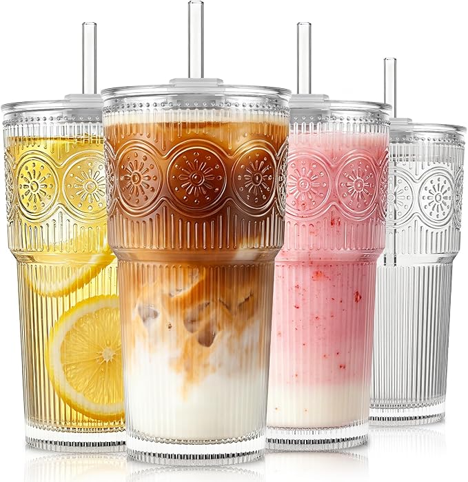 KEMORELA 20oz Ribbed&Floral Iced Coffee Cups by KEMORELA
