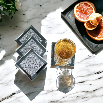 Crushed Diamond Crystal Glass Mirrored Square Coasters Set of 4 Glittering Bling Silver TRENDZY ® Drink Wine Coasters for Home Kitchen Bar & Restaurant Home Decor Birthday Wedding (Square)