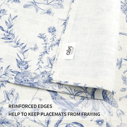 QIYI Boho Placemats Set of 6, 12x18 Inch Linen Fabric Place Mats for Kitchen Dinning, Farmhouse Rustic Floral Cloth Table Mats, Washable Placemat Botanical Party Table Décor, Blue Garden