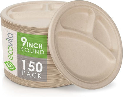 Ecovita 100% Compostable Paper Plates [9 in.] COMPARTMENTS – 150 Disposable Plates Eco Friendly Sturdy Tree Free Liquid and Heat Resistant Alternative to Plastic or Paper Plates