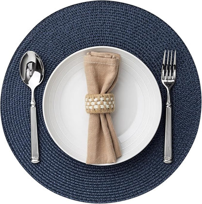 Round Placemat Set of 4 Plastic Woven Placemats Washable Wipeable Table Mats for Dining Table Heat Resistant Non-Slip Circle Place Mats (Navy Blue)