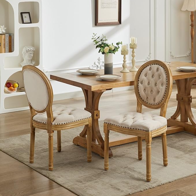 Vintage French Dining Chairs Set of 6, Round Back Velvet Upholstered Accent Chairs with Nailhead Trim and Solid Wood Frame, Elegant Sillas de Comedor for Dining Room & Kitchen, Beige