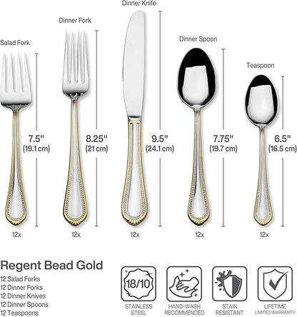 Mikasa, Gold Accent Regent Bead Flatware Service for 12, 65 Piece Set, 18/10 Stainless Steel, Silverware Set with Serving Utensils