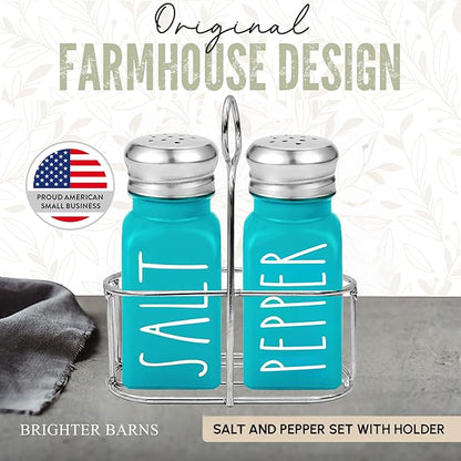 Teal Salt and Pepper Shakers Set with Holder by Brighter Barns - Turquoise Kitchen Decor and Accessories - Cute Salt and Pepper Set with Caddy - Modern Farmhouse Glass Shakers for Dining Table (Teal)