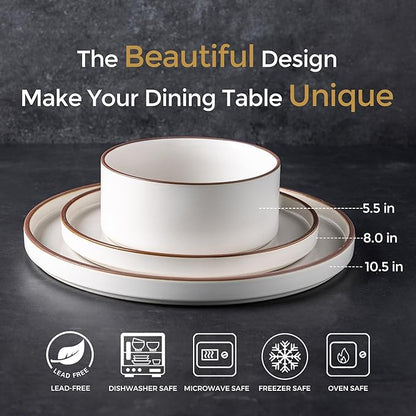 LERATIO Ceramic Dinnerware Sets for 8, High Edge Stoneware Plates and Bowls Set, Chip and Crack Resistant | Oven & Dishwasher & Microwave Safe Dishes Set, Service for 8 -Vanilla White