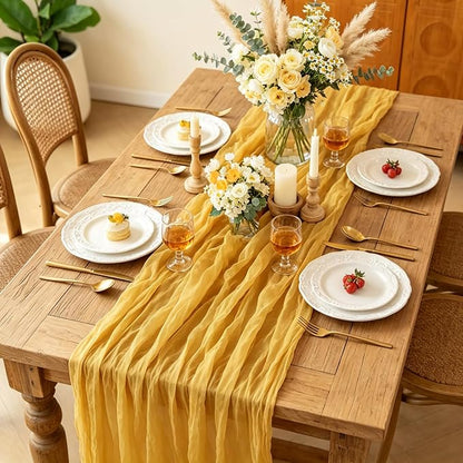 6Pcs Yellow Table Runner, 10FT Rustic Gauze Gold Table Runner 35*120inch Boho - Image 4