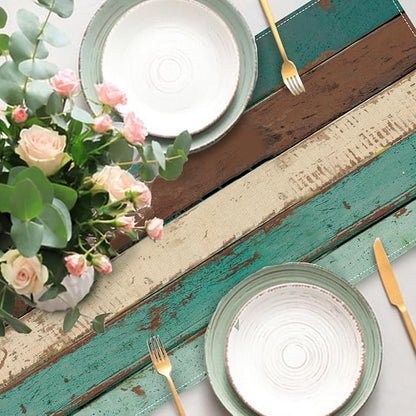 Vintage Farmhouse Wood Texture Dining Table Runner, Retro Rustic Teal | Brown - Image 6