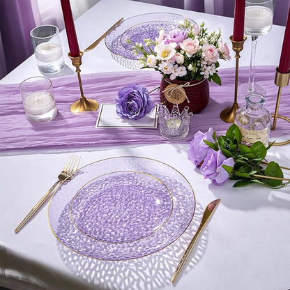 Rubtlamp 60Pcs Clear Purple Gold Plastic Plates, Purple Disposable Plates With Gold Rim, Hammered Plastic Plates Include 30 Clear Dessert Plates, 30 Dinner Plates for Party