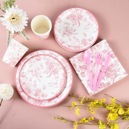 175Pcs Pink Floral Paper Plates and Napkins 25 Guests Pink White Toile - Image 3