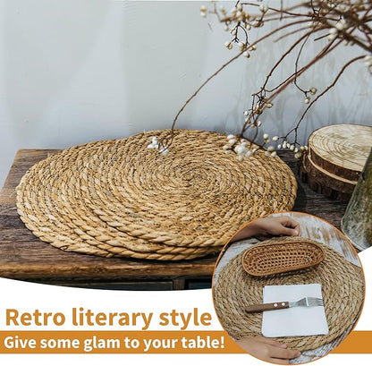 Defined Deco Woven Placemats Set of 4,13" Round Rattan Placemats,Natural Hand-Woven Water Hyacinth Placemats,Farmhouse Weave Place Mats,Rustic Braided Wicker Table Mats for Dining Table,Home,Wedding.