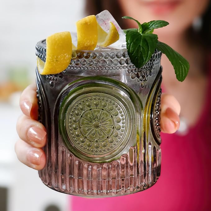 Ribbed Retro Arch Floral Smoke Grey Drinking Glasses Set of 6, Vintage - Image 4