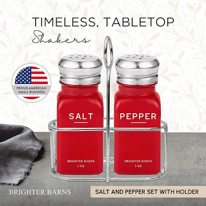 Red Salt and Pepper Shakers Set with Holder by Brighter Barns - Modern Kitchen Decor and Accessories, Dining Room Decor - Cute Salt Shaker with Caddy for Table Centerpiece, Restaurants, Gifts (Red)