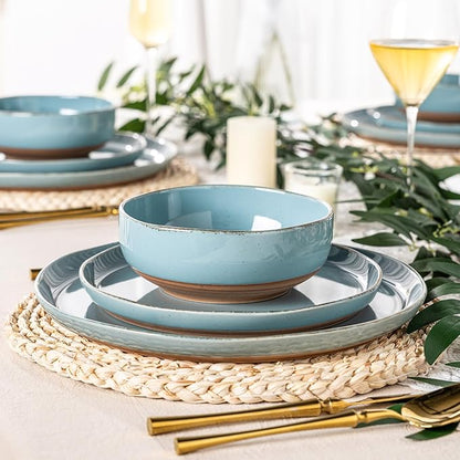 AmorArc Ceramic Dinnerware Sets for 4, 12 Pieces Handpainted Plates and Bowls Set with Rustic Terracotta Underside, Scratch Resistant Stoneware Dishes Set, Dishwasher & Microwave Safe