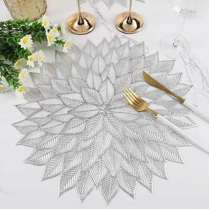 Placemats Set of 8, Round Hollow Out Flowers Place Mats for Dining Table Pressed Vinyl Blooming Leaf Table Mats for Holiday Party Wedding Accent Centerpiece Dinner Table Decoration (Silver)