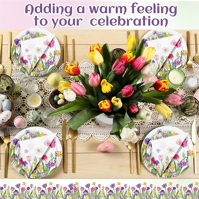 Funnymoom 250 Pcs Tulip Floral Paper Plates and Napkins Spring Party Supplies - Image 5