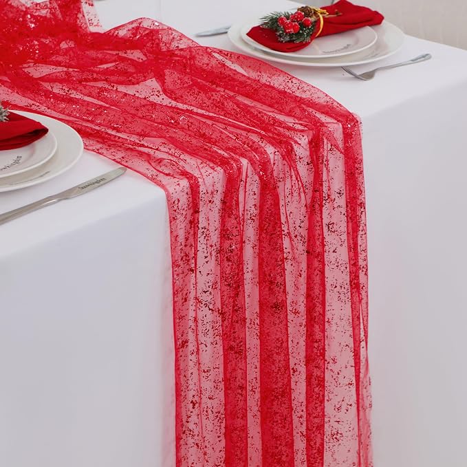 Snowkingdom 6 Pcs Red Glitter Table Runner 10 FT, Sheer Chiffon Sparkle Gauze by Snowkingdom