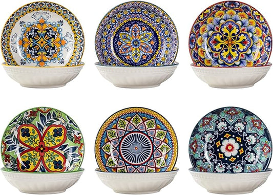 10 OZ Small Snack Bowls/Dishes Set of 6 - Ceramic Colorful Bowls for Side Dishes, Ice Cream, Dessert, Appetizers, Dips and Sauces, Dishwasher & Microwave Safe - Bohemian Style