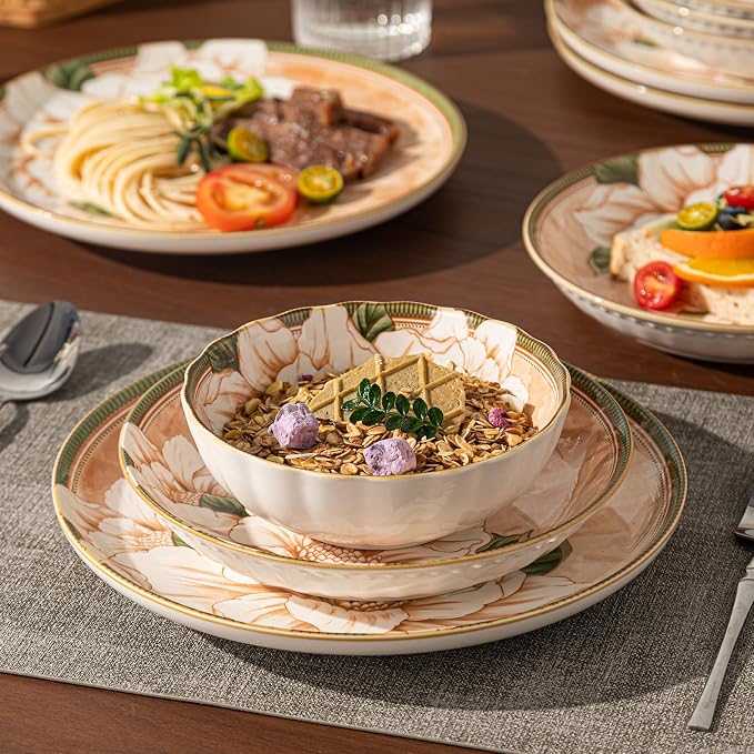 Ceramic Dinnerware Set, Floral Plates and Bowls Sets, Microwave & Dishwasher - Image 2