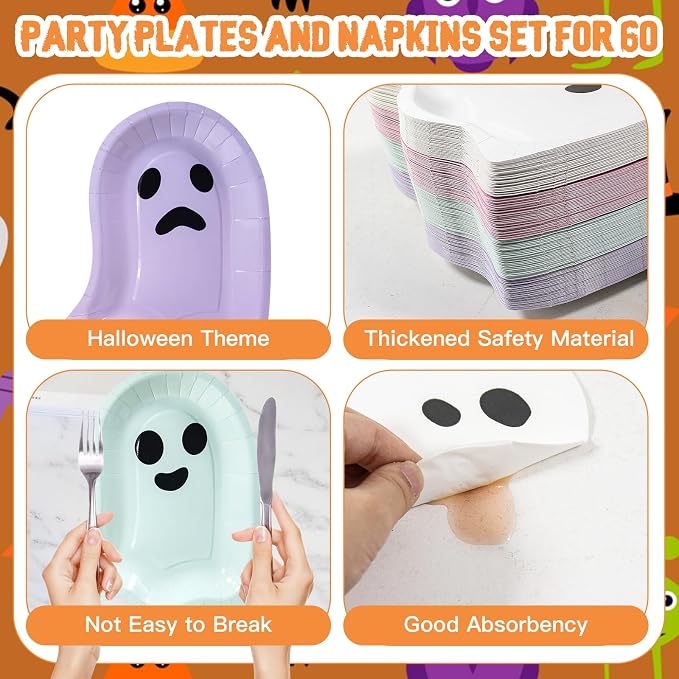 180Pcs Halloween Ghost Party Supplies Paper Plates and Napkins Serve 60 | - Image 3