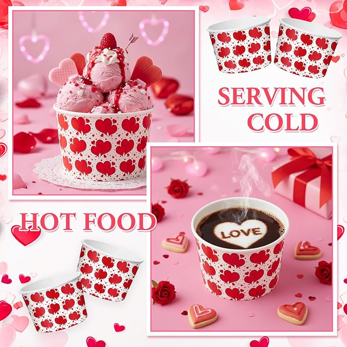CHENGU 60 Pcs Valentines Snack Cups 9 oz Red Heart Paper Disposable Ice Cream - Image 3