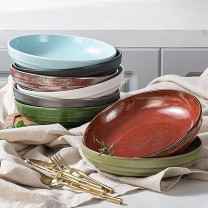 HAPPY KIT Stoneware Pasta Bowl Set of 4, 9'' Large Salad Bowls,42 Oz, Reactive Glaze Serving Bowls, Microwave Dishwasher Safe, Ocean Current Blue