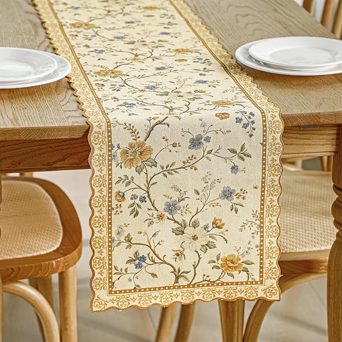 HunnmingRe Chinoiserie Table Runner Light Brown White Floral Table Runner - Image 6