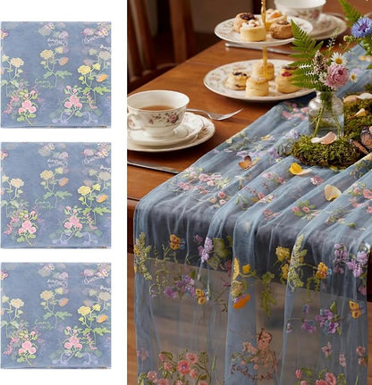 Blue Floral Table Runner 10ft Embroidery Tulle Spring Wildflower Table Runner by Windkream