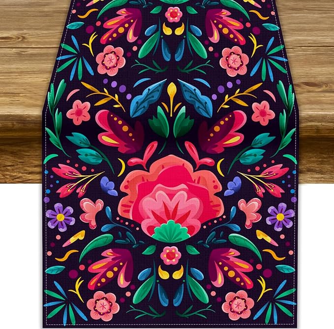 YCness Mexican Fiesta Table Runner Colorful Floral Plants Traditional Pattern by YCness