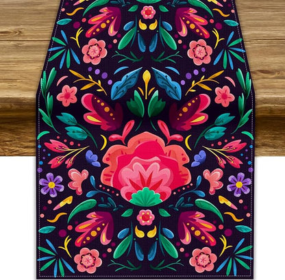 YCness Mexican Fiesta Table Runner Colorful Floral Plants Traditional Pattern by YCness