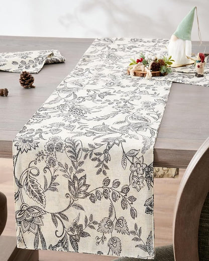 jinchan Black Floral Linen Table Runner 13 x 72 Inch Farmhouse | Rustic by JINCHAN