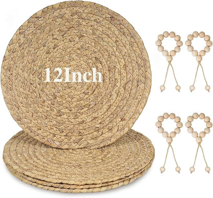 12” Woven Round Placemats Set of 4, Natural Water Hyacinth Braided Table Mats with 4 Wood Bead Napkin Rings, Washable Boho Farmhouse Rattan Place Mats for Home, Outdoor, Table Decor, Dinning, Wedding