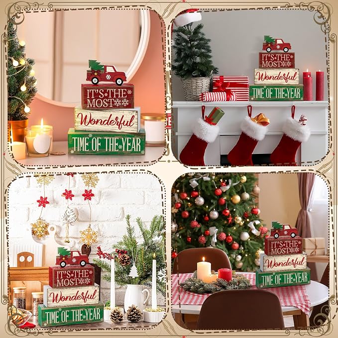 Moucuny 4 Pcs Christmas Decor Wooden Red Truck Winter Tiered Tray Decor Rustic - Image 4