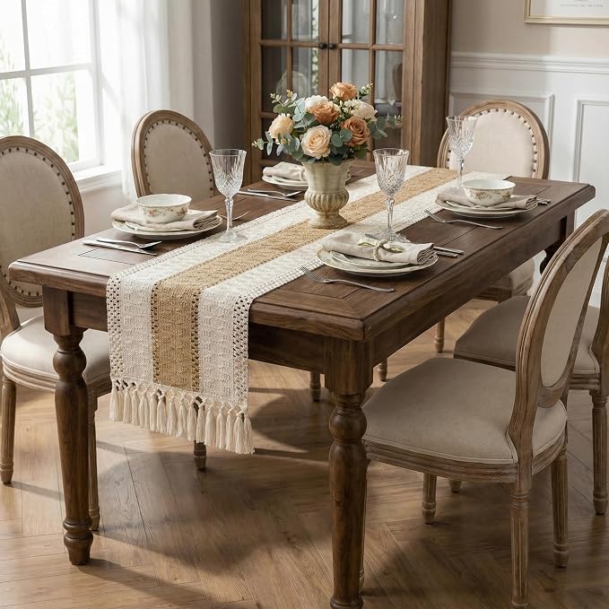 Burlap Boho Table Runner Macrame Brown 90in Farmhouse Woven Runner | Burlap - Image 6