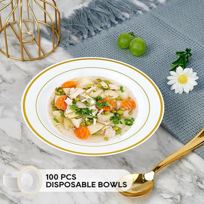 100PCS Plastic Bowls with Gold Rim 12oz Disposable Soup Bowls | Plastic Bowls - Image 2