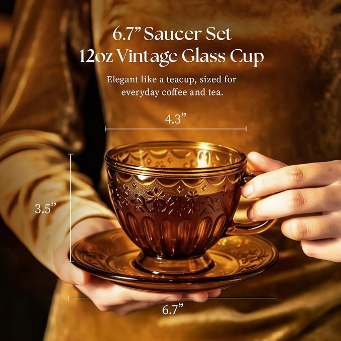 Vintage Glass Tea Cup and Saucer Set, 12 oz Large Coffee Cup | Handcrafted - Image 4