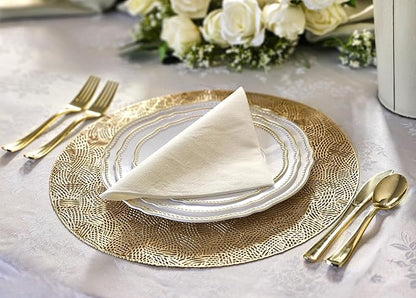 " OCCASIONS " 50 Plates Pack (25 Guests)-Heavyweight Wedding Party Disposable Plastic Plate Set -25 x 10.25'' Dinner + 25 x 7.5'' Salad/dessert plates (Rochelle White and Gold)