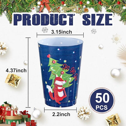 I00000 50Pcs 12oz Christmas Tree Design Christmas Plastic Cups, Premium Disposable Cups Cocktail Cup, Dark Blue Xmas Party Cup with Red Fox Design Pattern Design, Perfect for Xmas Party
