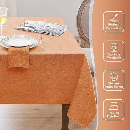 Softalker Extra Lang Table Cloth for 6/8 Foot Rectangle Table 60x120 inch Orang Faux Linen Tablecloth Outdoor Waterproof Stain and Wrinkle Resistant Table Cover for Fall Garden Party Decor Tabletop