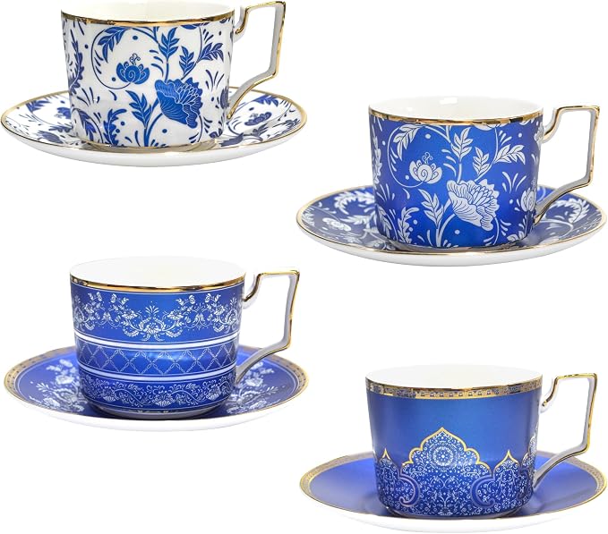ACMLIFE Bone China Tea Cups and Saucers Set of 4, 6.8 oz Blue and White Tea by ACMLIFE