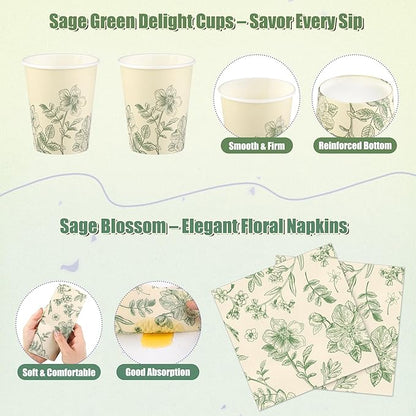 Kochorie 96 Pieces Sage Green Floral Party Supplies Elegant Floral Disposable Tableware Set Includes 9 Inch and 7 Inch Paper Plates, Cups, Napkins Serves 24 Guests for Birthday Baby Shower Wedding