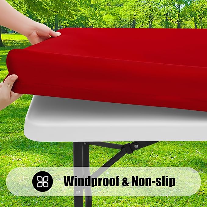 Smiry Rectangle Picnic Table Cloth, Waterproof Elastic Fitted Tablecloths for 5 Foot Tables, Washable Polyester Table Cover for Camping, Indoor and Outdoor (Red, 36"x60")